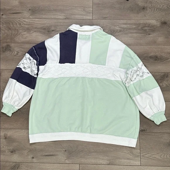 We The Free American Dream Polo Long Sleeve Sweatshirt Colorblock Green Blue S - Picture 7 of 15